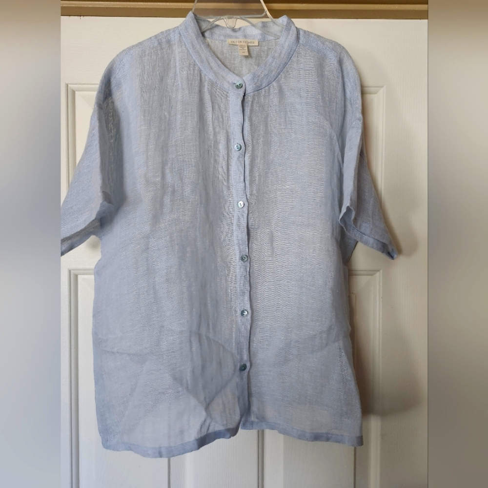 Eileen Fisher Light Blue Linen Button-Front Blouse